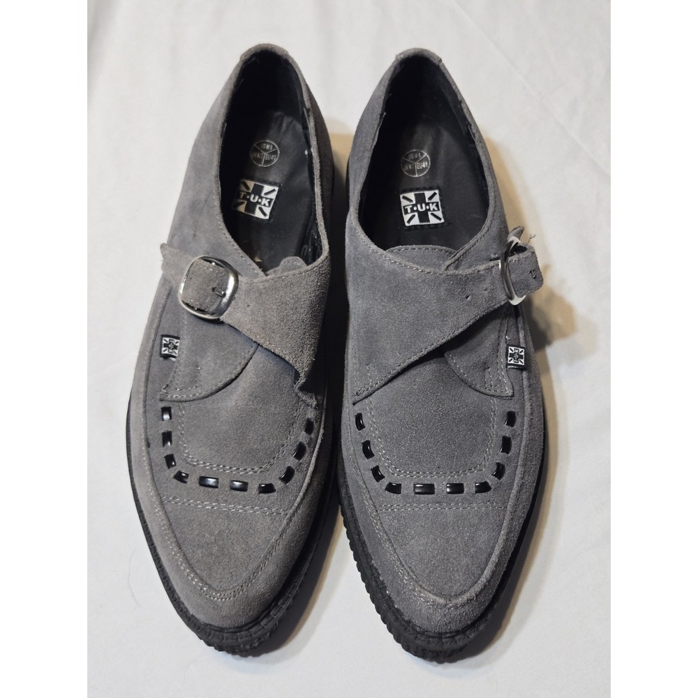 T.U.K. Charcoal Gray Suede Buckle Pointed Creepers Mens 8 Womens 10 Luxe